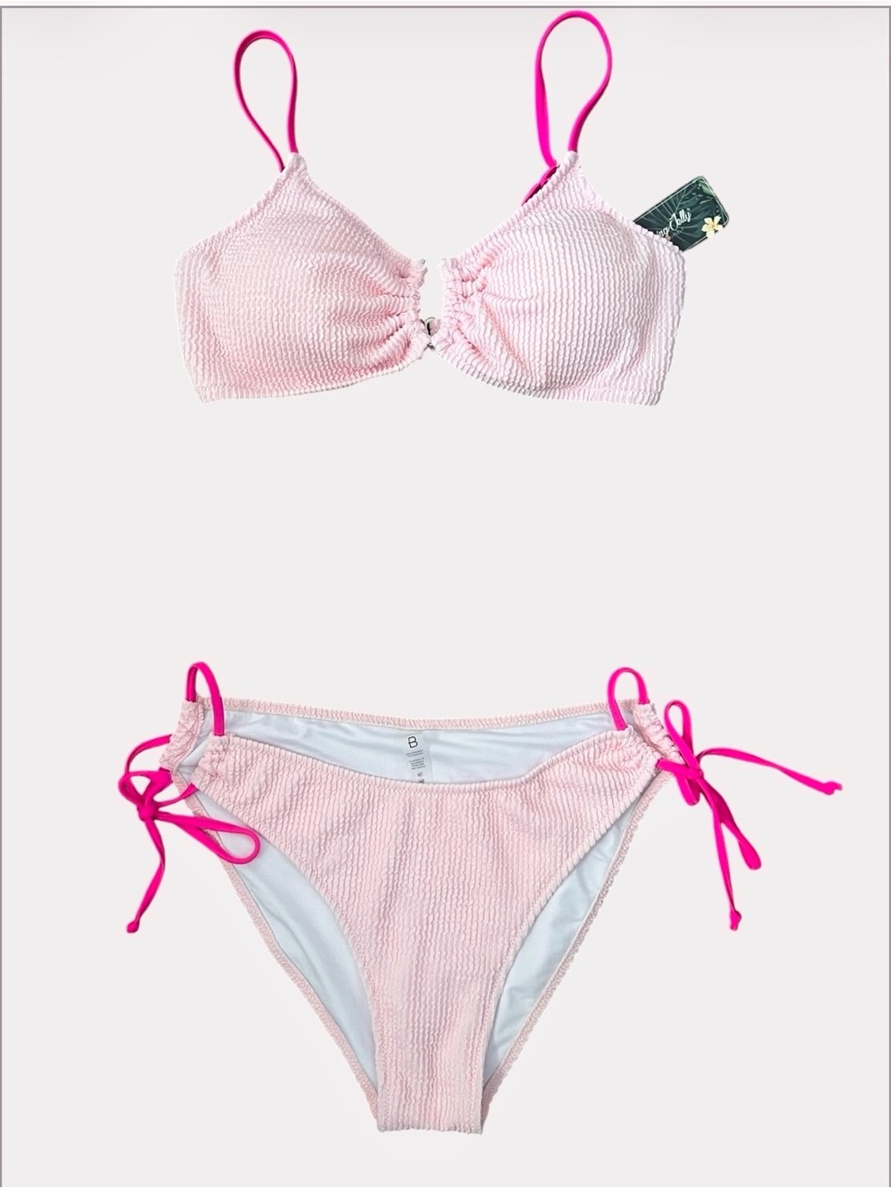 Women's Cheeky Pink Textured High Cut Tie-Side Bikini with Hot Pink Straps - Picture 4 of 13
